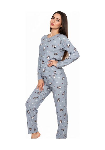Bisiklet Yaka Süet Pijama Takımı 6009 Penguen Mavi Mavi