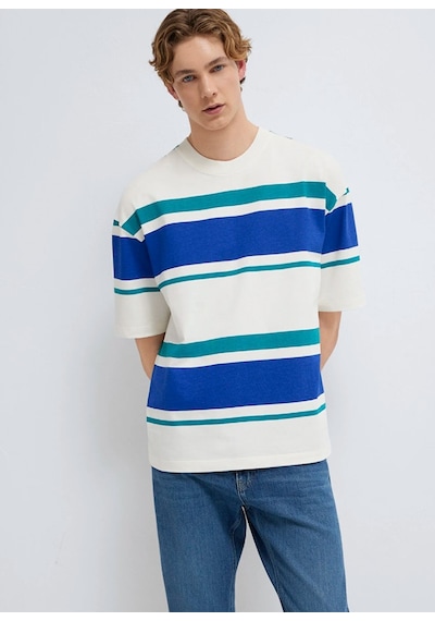 Mavi M0613331-70057 Basic Çizgili Tişört Loose Fit Tişört Erkek T-shirt Beyaz