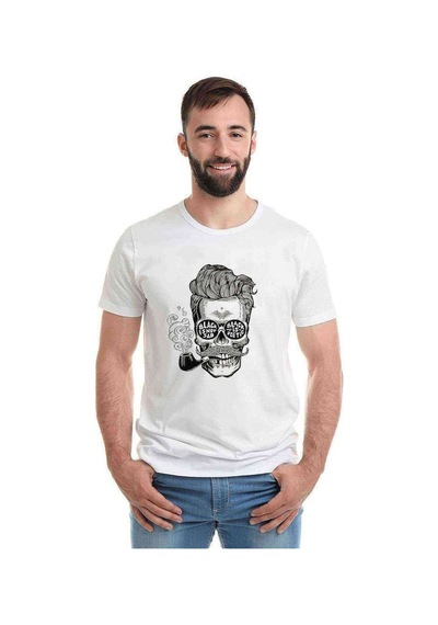 Pipolu Kurukafa Baskılı Beyaz Erkek Tshirt