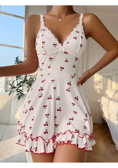 Bella Notte Romantik Beyaz Kiraz Baskılı Askılı Tanga Ve Gecelik