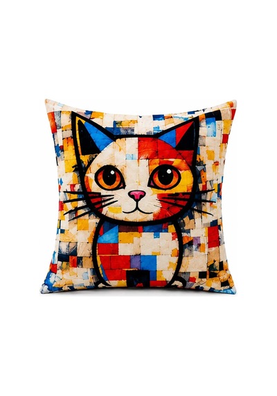 Renkli Kedi Figürlü Pop Art Dijital Baskılı Dekoratif Gizli Fermuarlı Kırlent Kılıfı 43x43 Cm Çok Renkli Çok Renkli