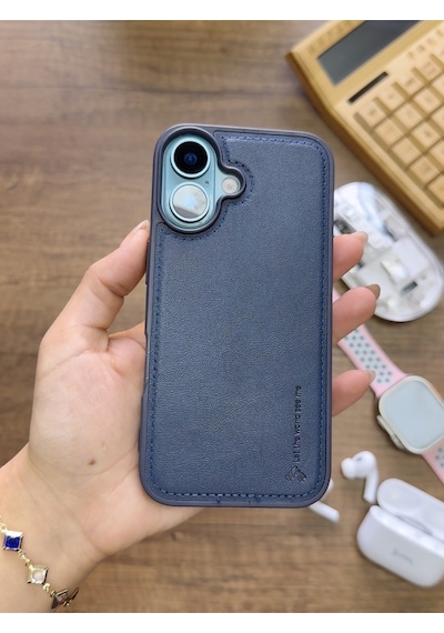 Apple iPhone 16 Uyumlu Premium Deri Dokulu Darbelere Karşı Dayanıklı Nazal Silikon Kılıf Lacivert