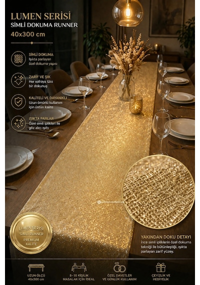 Lumen Serisi Silver 40x300 Cm Simli Dokuma Uzun Runner Modern Lüks Masa Örtüsü 8-10 Kişilik Altın