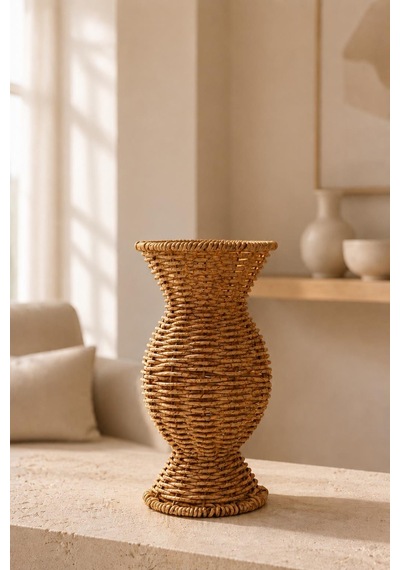 Örgü Rattan Dekoratif Vazo Bohem Hasır Çiçeklik Ve Salon Dekoru Kahverengi