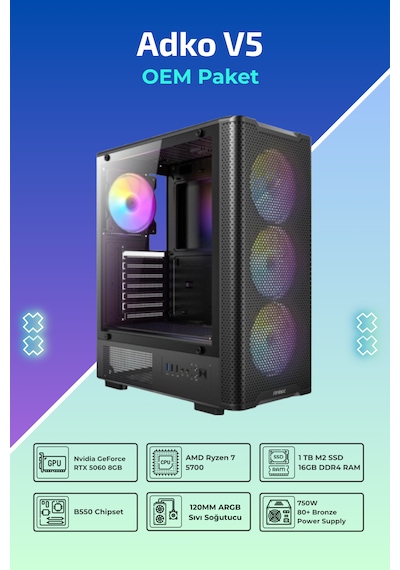 IH ADKO V5 R7-5700 16 GB 1 TB SSD 8 GB RTX5060 Free Dos Oem Paket Masaüstü Oyuncu Bilgisayarı