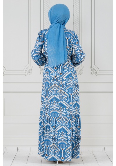 Sevitli Motif Desen Beli Kuşaklı Viskon Elbise-mavi-3839-mavi Mavi
