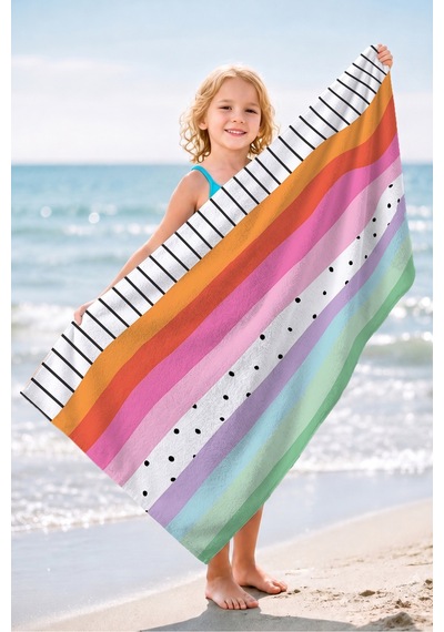 Renkli Çizgili Modern Plaj Havlusu - Pastel Geometrik Minimalist Hızlı Kuruyan Mikrofiber Havlu Çok Renkli
