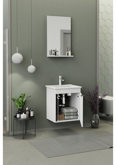 Biani Fix Arya Slım 50 Cm Banyo Dolabı,Seramik Lavabolu, Aynalı,Lavabo Dahil,Mdf,Mat Beyaz