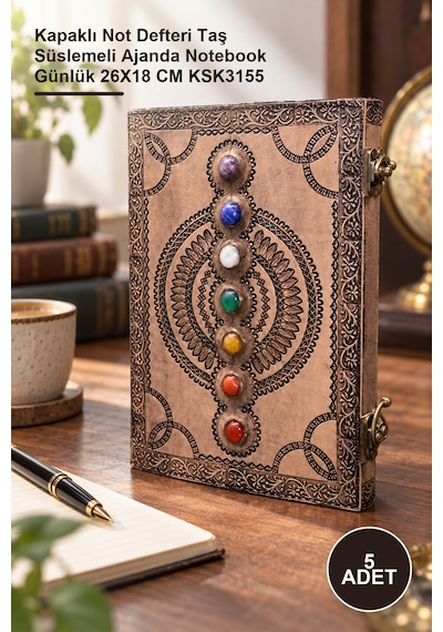 5 Adet Taşlı Deri Defter Kapaklı Not Defteri Taş Süslemeli Ajanda Notebook Günlük 26x18 Cm Ksk3155 Düz