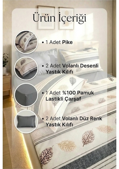 %100 Pamuk Pike Takımı 6 Parça Lastikli Çarşaflı Mor Desenli Çift Kişilik Gri