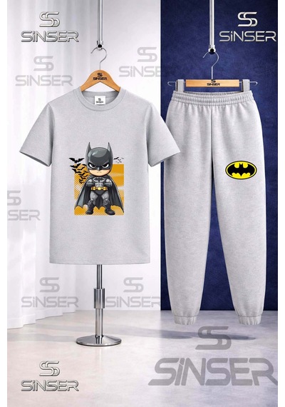 Ss Sinser Çocuk Batman Cocuk Tasarımlı Siyah Baskılı Tişort Eşofman Takımı Gri