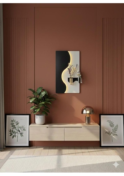 Manolya Ahşap Pilli Ledli İskandinav Tarzı Salon Duvar Rafı Modern Çiçeklik 40 X 70 Cm Çok Renkli