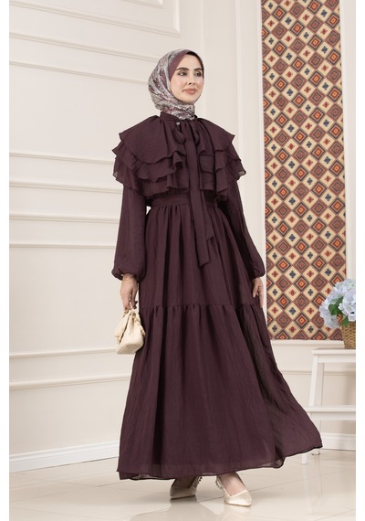 Sevitli Fırfır Detaylı Roza Tesettür Elbise-mürdüm-5774