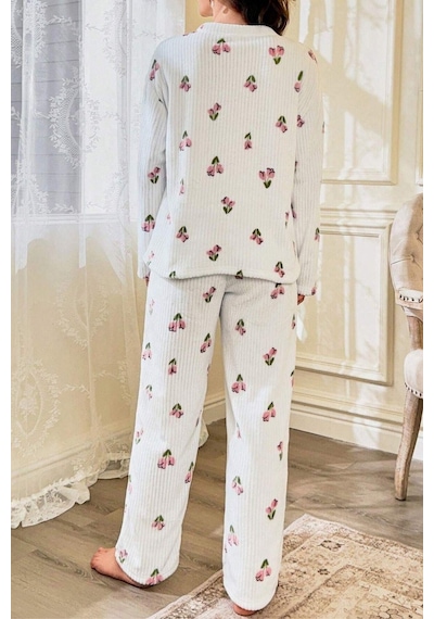 Bella Notte Çiçek Desenli Fitilli Pamuklu Uzun Pijama Takımı Kırık Beyaz