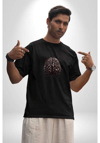 Kuru Kahve Çekirdeği Beyin Pamuklu Bisiklet Yaka Unisex Oversize Boyfriend Dijital Baskılı Siyah T-shirt Siyah
