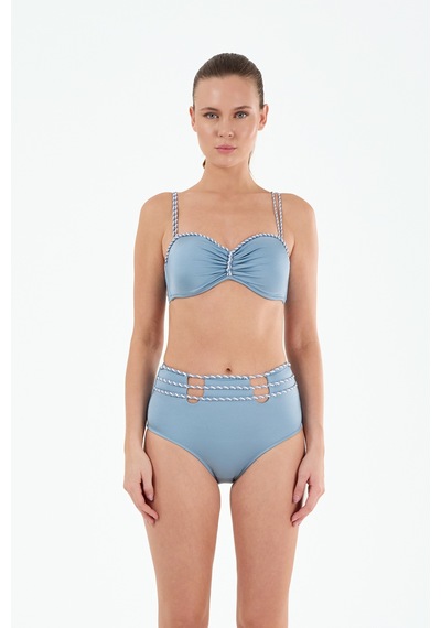 Louren Kadın Siyah/mavi Biye Detaylı Kaplı Telli Yüksek Bel Straplez Bikini Takımı Mavi