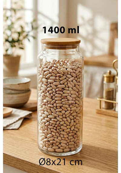 Noze - 6'lı Bambu Kapaklı Cam Saklama Kabı Sızdırmaz Vakum Kapaklı Baharatlık 1400ml