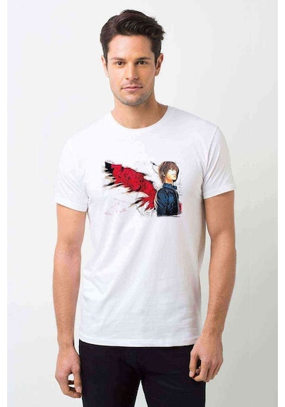 Death Logo Note Light Yagami Baskılı Beyaz Erkek Tshirt
