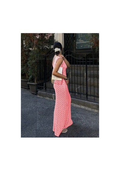 Butik İstanbul Kadın Askılı V Yakalı Uzun Triko Elbise Pembe