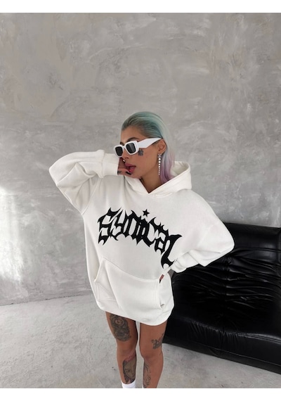 Unisex Üç İplik Kapşonlu Baskılı Sweatshirt - Beyaz