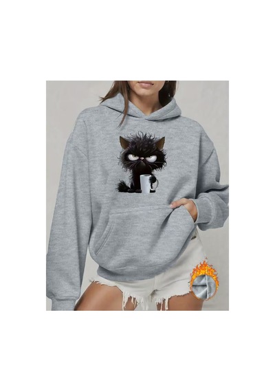 Herkesemoda Kedi Baskı Detaylı Kapüşonlu Sweatshırt Gri