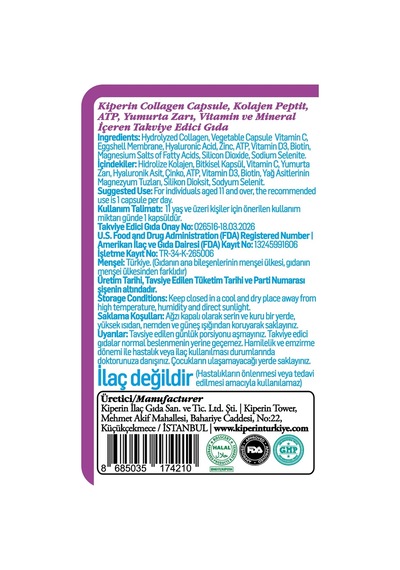 Tr Collagen Kapsül 30 Adet, Hidrolize Peptit 500 Mg, Tip 1-3-5-10, C Vitamini, Çinko, D3, Biotin, Selenyum, Hyaluronik
