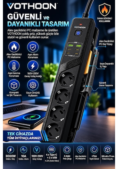 4 Lü Akım Korumalı Çoklu Priz 4 Type-c 2 Usb Girişli 4.2a Hızlı Şarj Destekli Priz 3000w 1