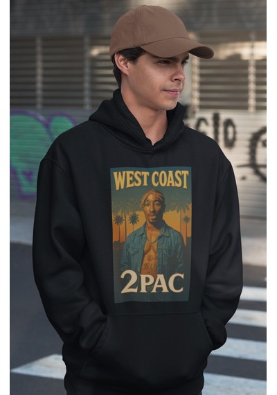 Sevbano West Coast Tupac Rapper Baskılı Unisex Oversize 2pac Şarkıcı Hood Siyah