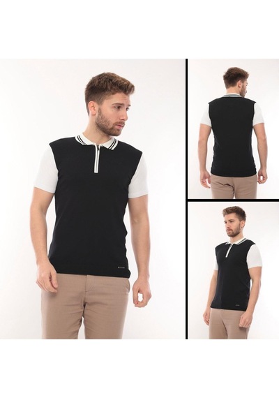 Fore Sport Tişört Kısa Kol Triko Polo Yaka Fermuarlı Siyah Beyaz