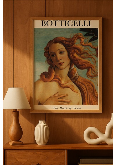 Botticelli The Birth Of Venus Doğal Ahşap Çerçeveli Poster, Dekoratif Sanatsal Duvar Tablosu
