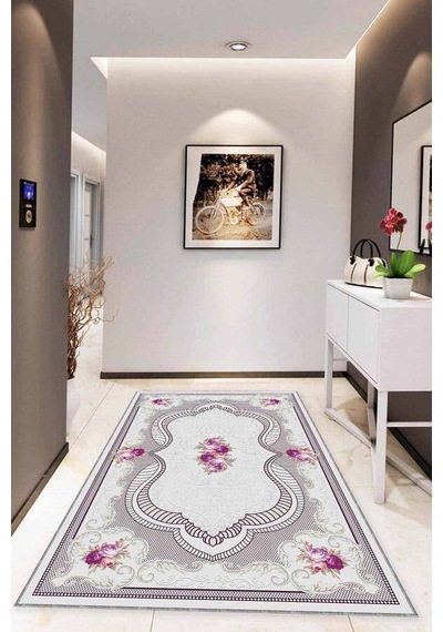 Pembe Klasik Göbekli Kaymaz Tabanlı Dekoratif Halı Mk40n11