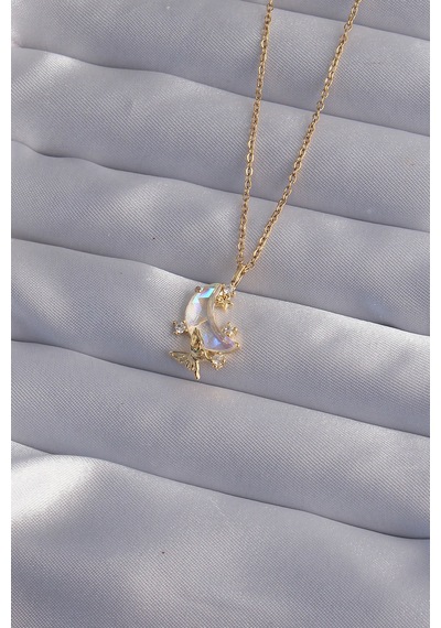 Ezoconcept 316l Çelik Zincir Gold Renk Zirkon Taşlı Kelebek Detay Ay Kolye 001