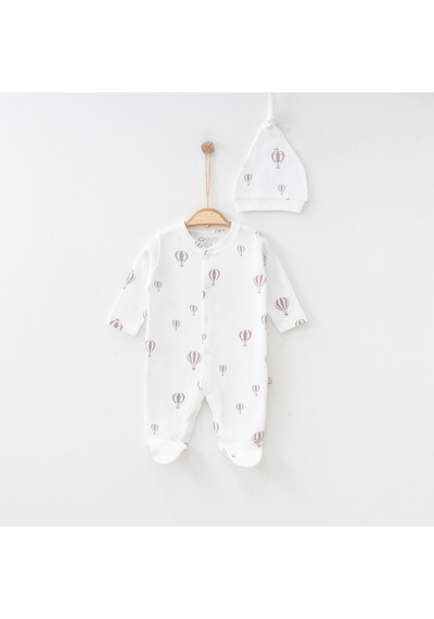 O'baby Balon Baskılı Tulum %100 Organik Pamuk 0 3-3 6 Ay Unisex Beyaz
