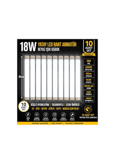 10 Adet Set- Led Bant Armatür 60 Cm Beyaz Işık Yüksek Lümenli Sıva Üstü Mutfak Atölye Aydınlatma,tavan Lambası ,led Lamba,otopark Lambası Diğer