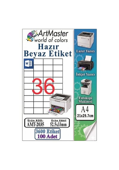 A4 Hazır Beyaz Etiket 52.5x33mm 100 Sayfa 1 Paket 36 Lı Kendinden Yapışkanlı Fotokopi Lazer İnkjet Kağıdı Yazıcılar İçin