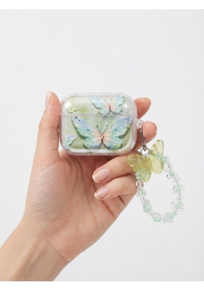 Apple AirPods 4 ve 5 Uyumlu Simli Kulaklık Kılıfı - 3d Kabartmalı Yeşil Butterfly Figürlü Boncuk Zincir Askılı Esnek Tpu Kılıf Şeffaf