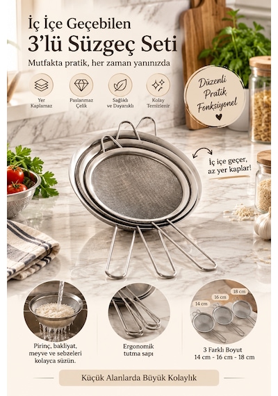 Porsima 4528 Paslanmaz Çelik 3'lü Tel Süzgeç Seti Un Eleği, Çay, Un & Unlu Mamul Süzgeci 14-16-18 Cm