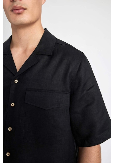 DeFacto %100 Keten Relax Fit Polo Yaka Yazlık Basic Düz Kısa Kollu Gömlek B6687AX24SPBK27