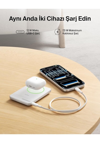 Belkin Bpd011hqwh Boostcharge Slim 5.000mah Qi2 15w Manyetik Kablosuz Powerbank - Beyaz Siyah