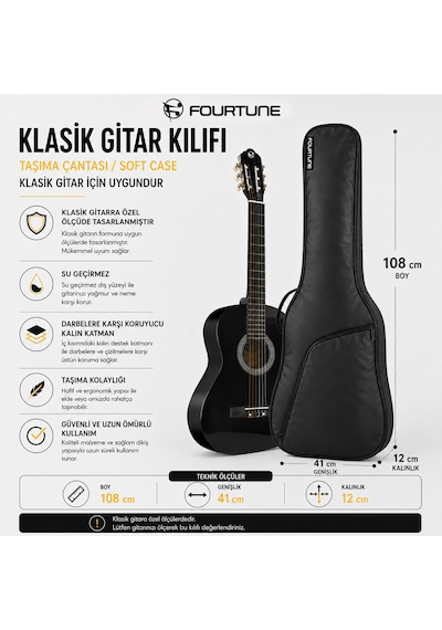 Fourtune Luca Siyah Klasik Gitar Kılıfı Kalın Taşıma Çantası Eğitim Metodu Hediye