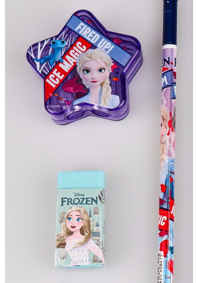 Lisanslı Elsa Frozen 3 Adet Silgili Kurşun Kalem,yıldız Kalemtraş Ve Silgi Seti Ahşap