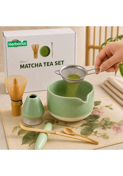 Herbarius 8 Parça Çiçek Desenli Balık Sırtı Kabartmalı Mint Yeşili Renk Matcha Çayı Hazırlama Seti - Geleneksel Japon Matcha Seti