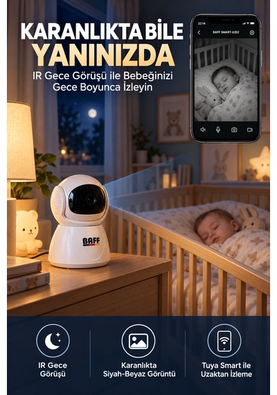 Smart-6202 1080p Full Hd Wifi Bebek Kamerası 2mp Gece Görüşlü Mikrofonlu Hareket Algılamalı Tuya Smart Akıllı Kamera Beyaz