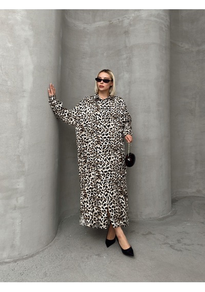Olcay Leopar Desenli Yandan Yırtmaçlı Oversize Elbise Kahve 9262-e