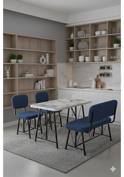 Elfin 70x110 Efes Sabit, 2 Sandalye 1 Bench, Masa Sandalye Takımı, Mutfak Masası Takımı - Lacivert Elfin 70x110 Efes Sabit, 2 Sandalye 1 Bench, Masa Sandalye Takımı, Mutfak Masası Takımı - Lacivert