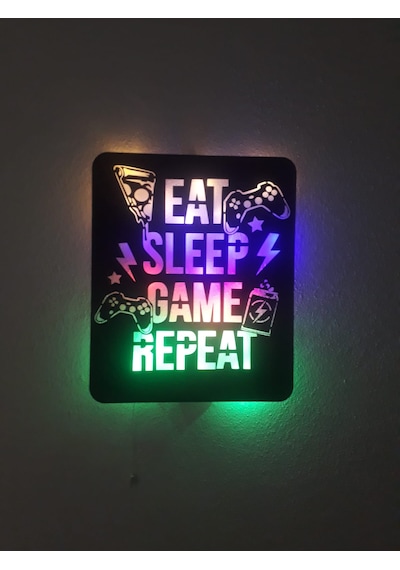 Oyun Odasının Kalbi - Eat Sleep Game Repeat Gamer Işıklı Duvar Dekorasyonu 40x30 Cm