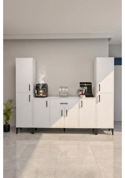 Lusso 8 Kapak Tek Çekmeceli Çok Amaçlı Kahve Köşesi Dolabı Beyaz Beyaz