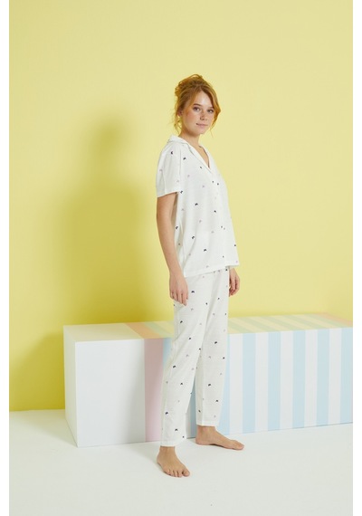 Siyah İnci Örme Düğmeli Pijama Takım 24108027 Çok Renkli