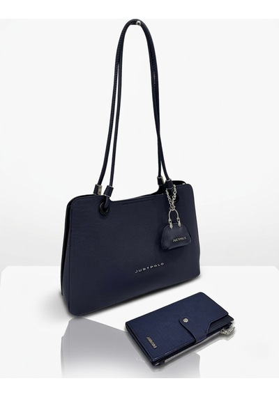 Just Polo Kadın Büyük Boy Premium Gümüş Logolu El Çantası Ve Cüzdanı Kombin Tote Bag Ebat : 22 X 34 Cm Lacivert