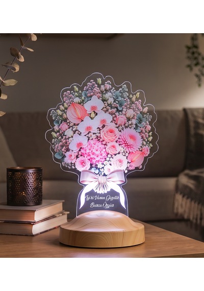Premium Pudra Zarafet Buketi Led Lamba, Kadına Solmayan Çiçek Hediyesi, Işıklı Pudra Pembe Çiçek Buketi